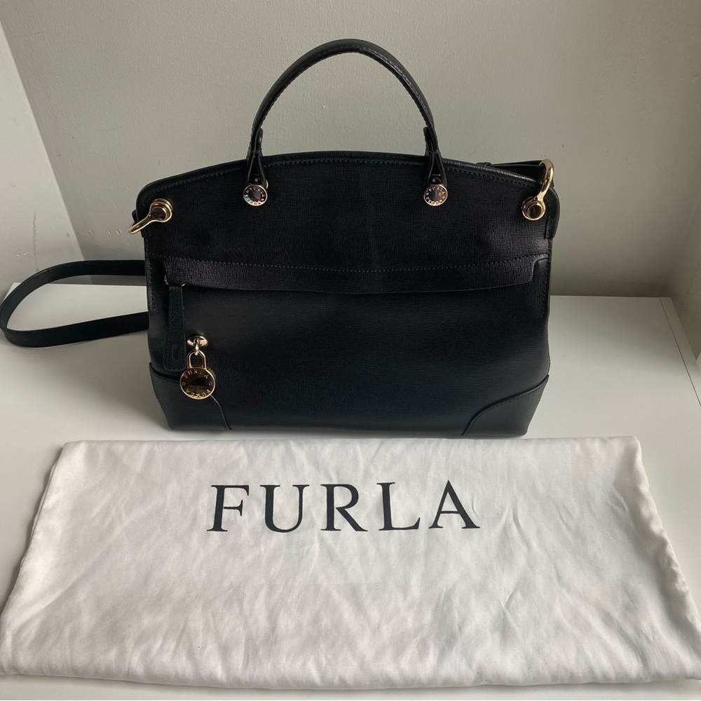 Furla Black Satchel with Structured Design and Charm